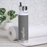 Dark Grey Personalized Wedding Bridesmaid Water Bottle<br><div class="desc">Gift your wedding bridesmaid or maid of honour with this trendy, vacuum Insulated water bottle that features her name in white, stylized script on a dark grey colour background designed to match your wedding colour scheme. Personalize bottle by editing and replacing name with your own as desired. Select your water...</div>