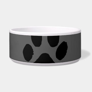 Dark grey pet bowl with black paw prints