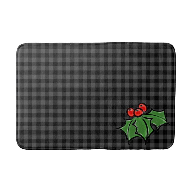 Dark Grey Plaid with Holly Sprigs Bath Mat (Front)