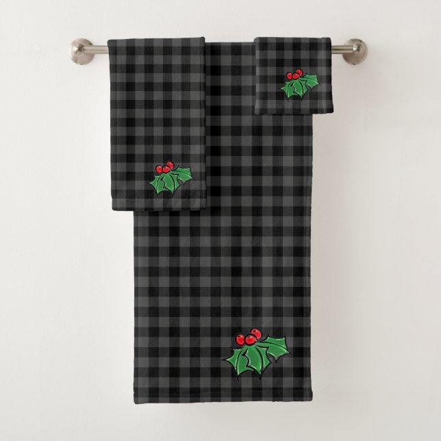 Dark Grey Plaid with Holly Sprigs Bath Towel Set (Insitu)