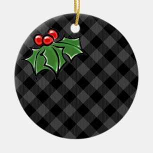 Dark Grey Plaid with Holly Sprigs Ceramic Ornament
