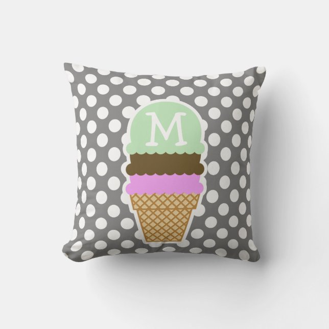 Dark Grey Polka Dots; Ice Cream Cone Throw Pillow (Front)
