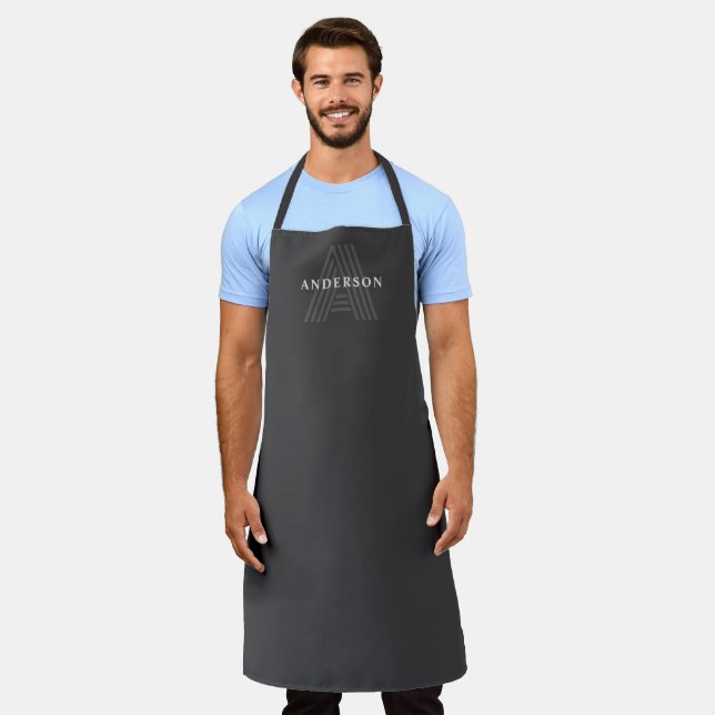 Dark Grey Retro Modern Monogrammed Name Apron (Worn)