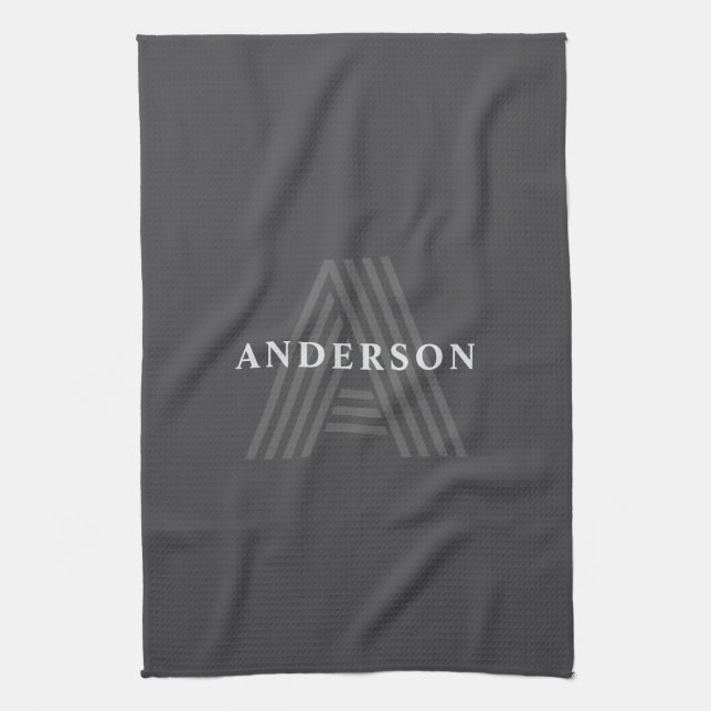 Dark Grey Retro Modern Monogrammed Name Kitchen Towel (Vertical)