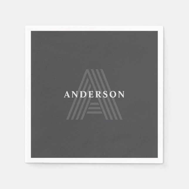 Dark Grey Retro Modern Monogrammed Name Napkin (Front)
