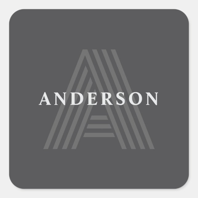 Dark Grey Retro Modern Monogrammed Name Square Sticker (Front)
