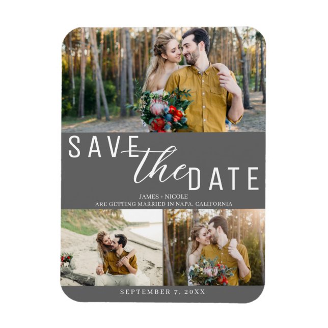 Dark Grey Save the Date Wedding 3 Photos Magnet (Vertical)