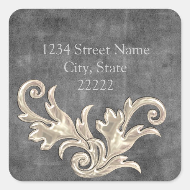 Dark Grey Silver Flourishes Return Address Square Sticker (Front)