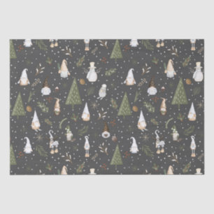 Dark Grey Snowy Forest Christmas Gnomes Pattern Tissue Paper