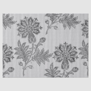 Dark Grey Stencil Flowers on White Decoupage Tissue Paper