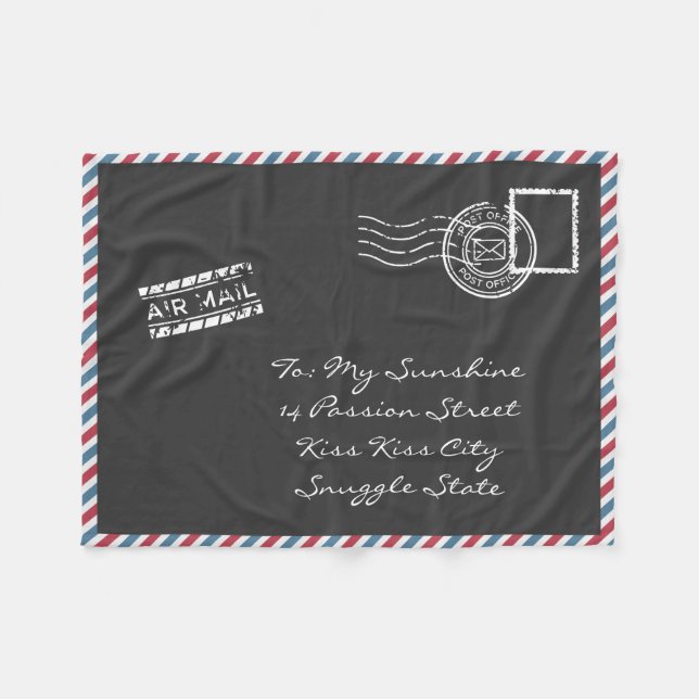 Dark Grey Vintage Air Mail Postcard Fleece Blanket (Front (Horizontal))