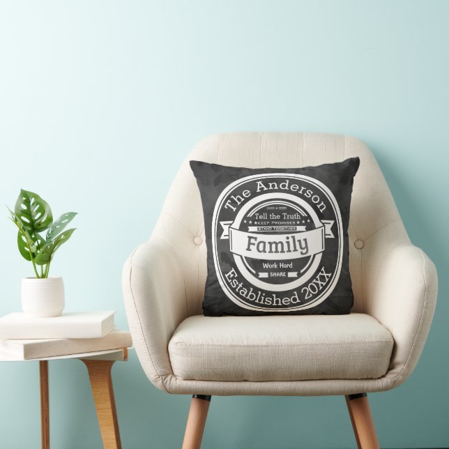 Dark Grey Watercolor Family Rules, Name Year Throw Pillow (Chair)