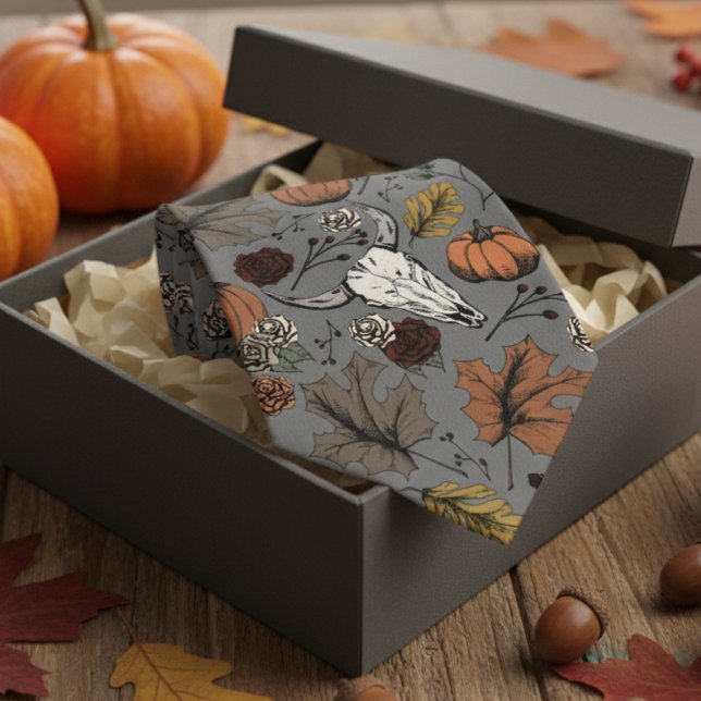 Dark Grey Western Bull Skull Country Tie (Modern Dark Gray Thanksgiving Foliage Tie. Fall Harvest, Cow Skull, Leaves Autumn Colors Pattern.)