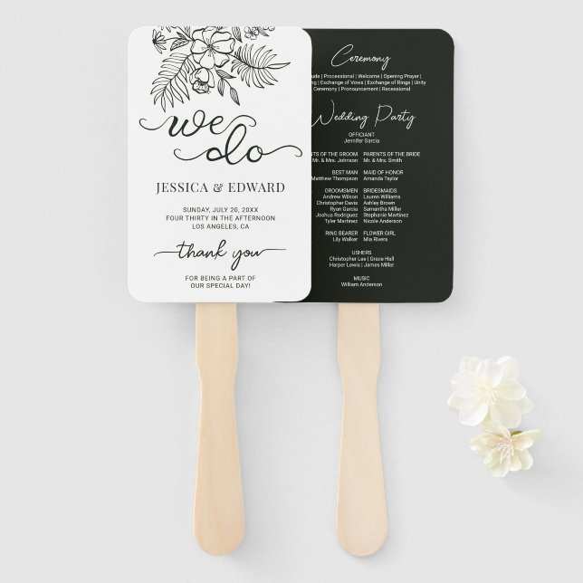 Dark Grey White Floral Elegant Wedding Program  Hand Fan (Front and Back)