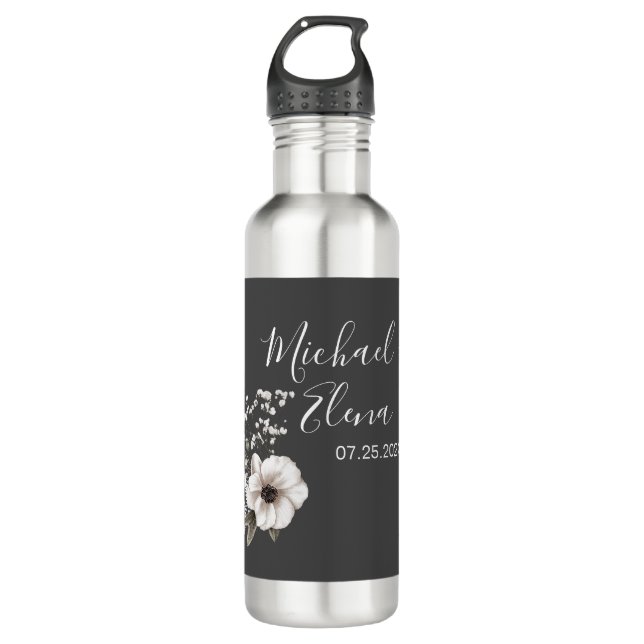 Dark Grey & White Floral Wedding  710 Ml Water Bottle (Front)