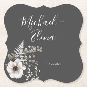 Dark Grey & White Floral Wedding Paper Coaster