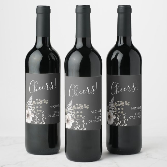Dark Grey & White Floral Wedding  Wine Label (Bottles)