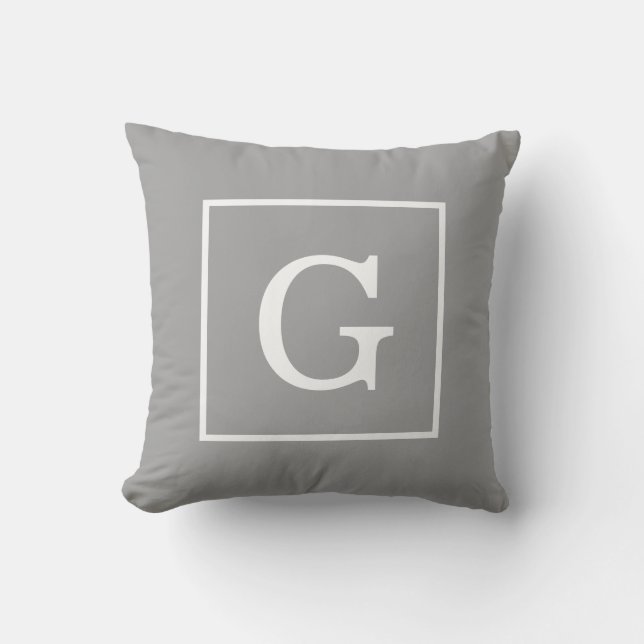 Dark Grey White Framed Initial Monogram Throw Pillow (Front)