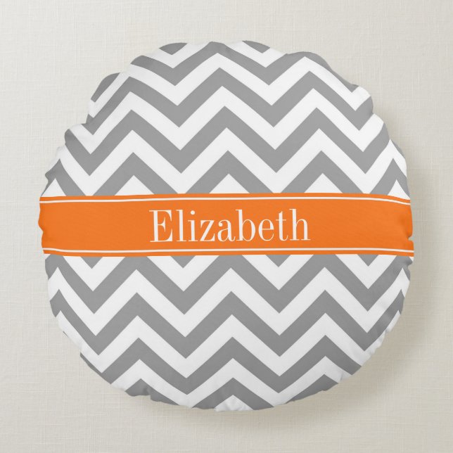 Dark Grey White LG Chevron Pumpkin Name Monogram Round Pillow (Front)