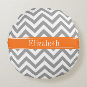 Dark Grey White LG Chevron Pumpkin Name Monogram Round Pillow