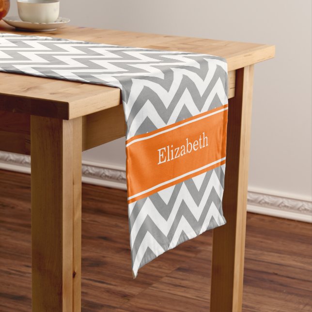 Dark Grey White LG Chevron Pumpkin Name Monogram Short Table Runner (In Situ)