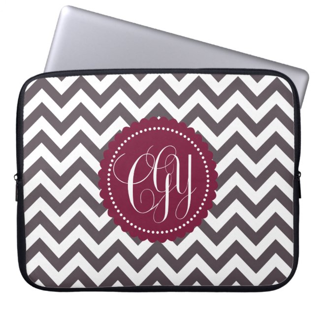 Dark Grey White Monogram Chevron Pattern Laptop Sleeve (Front)