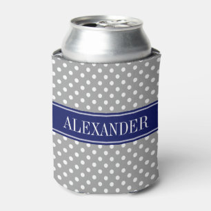 Dark Grey White Polka Dots Navy Name Monogram Can Cooler