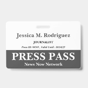 Dark Grey & White Press Pass Badge