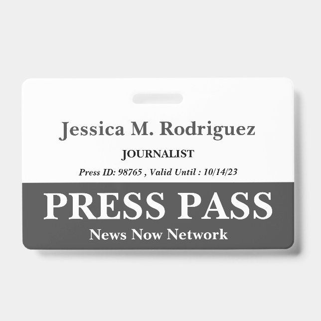 Dark Grey & White Press Pass Badge (Front)