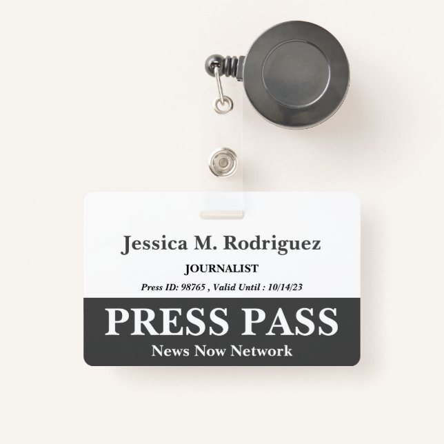 Dark Grey & White Press Pass Badge (Front with Retractable)