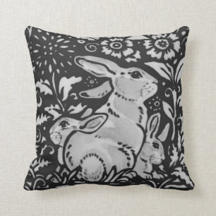 Dark Grey White Rabbit Mother & Babies Chinoiserie Throw Pillow
