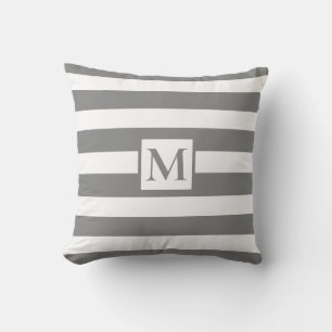 Dark Grey white strips monogram Outdoor Pillow