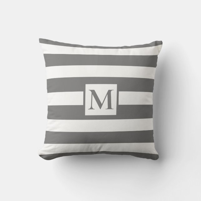 Dark Grey white strips monogram Throw Pillow (Front)