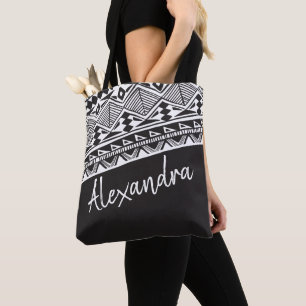 Dark Grey White Tribal Pattern Personalized Tote Bag