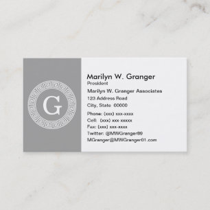 Dark Grey Wht Greek Key Rnd Frame Initial Monogram Business Card