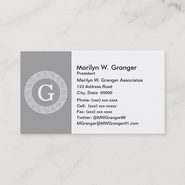 Dark Grey Wht Greek Key Rnd Frame Initial Monogram Business Card (Front)