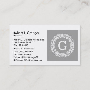 Dark Grey Wht Greek Key Rnd Frame Initial Monogram Business Card