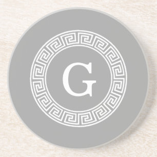Dark Grey Wht Greek Key Rnd Frame Initial Monogram Coaster