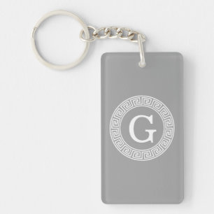 Dark Grey Wht Greek Key Rnd Frame Initial Monogram Keychain
