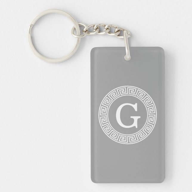 Dark Grey Wht Greek Key Rnd Frame Initial Monogram Keychain (Front)
