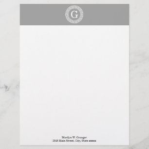 Dark Grey Wht Greek Key Rnd Frame Initial Monogram Letterhead