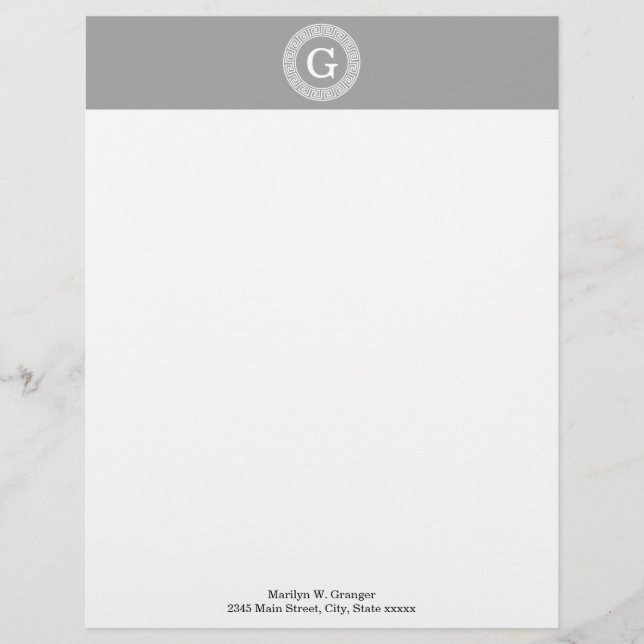 Dark Grey Wht Greek Key Rnd Frame Initial Monogram Letterhead (Front)