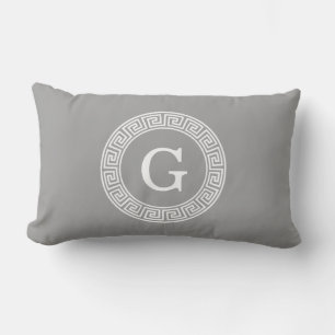 Dark Grey Wht Greek Key Rnd Frame Initial Monogram Lumbar Pillow