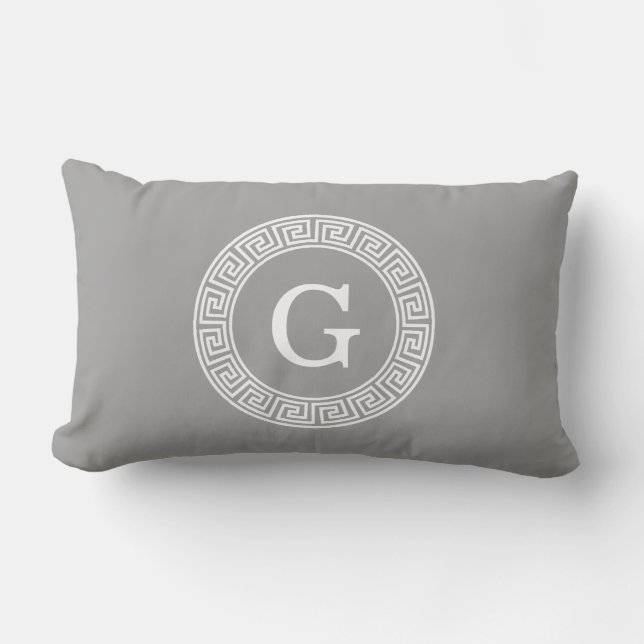 Dark Grey Wht Greek Key Rnd Frame Initial Monogram Lumbar Pillow (Front)