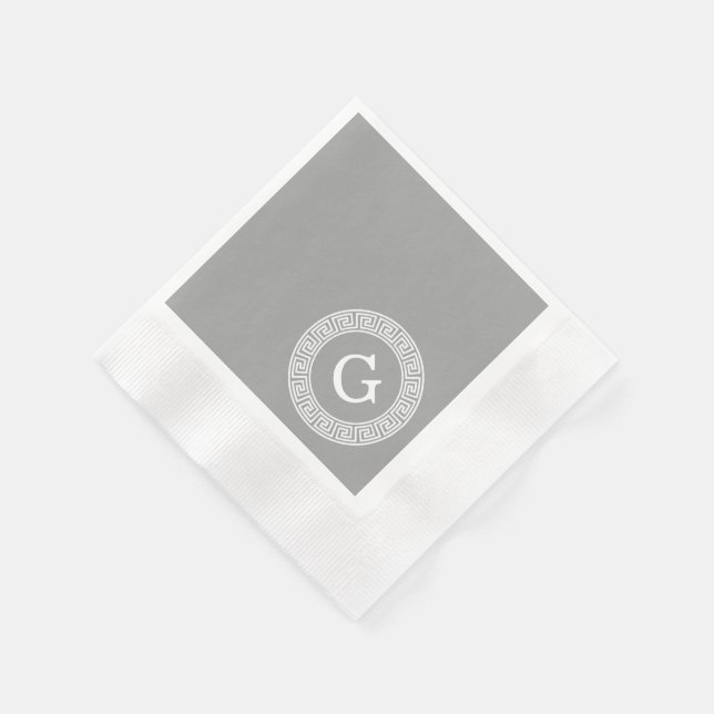 Dark Grey Wht Greek Key Rnd Frame Initial Monogram Napkin (Corner)