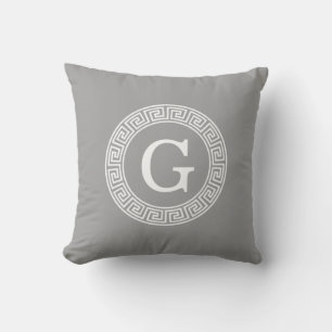 Dark Grey Wht Greek Key Rnd Frame Initial Monogram Throw Pillow