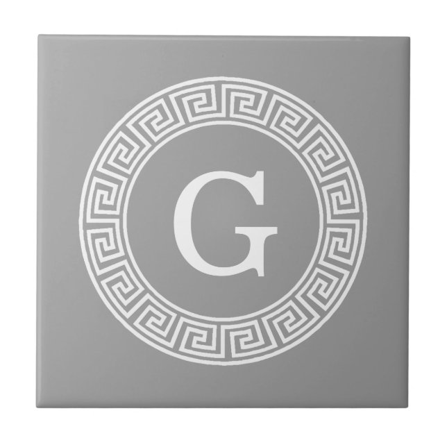 Dark Grey Wht Greek Key Rnd Frame Initial Monogram Tile (Front)