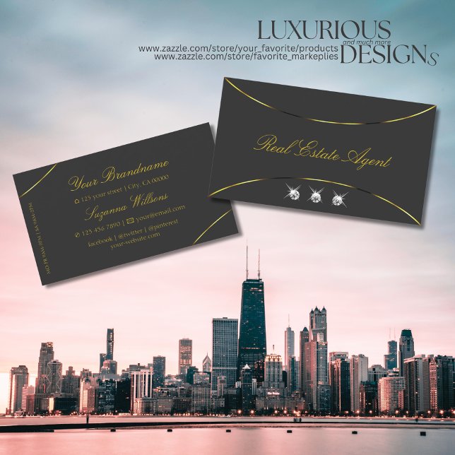 Dark Grey with Gold Decor and Diamonds Luxurious Business Card (Creator Uploaded)
