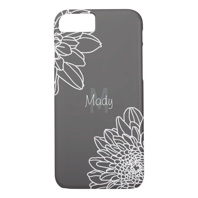 Dark Grey With Large White Flowers And Name Case-Mate iPhone Case (Back)