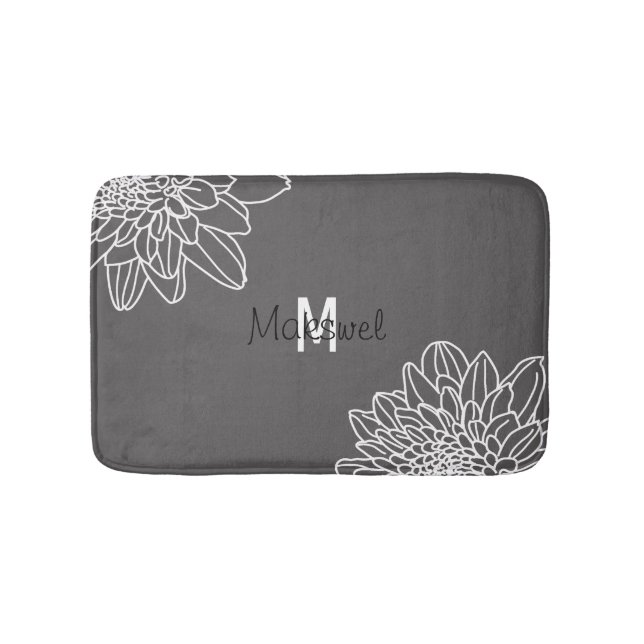 Dark Grey With White Flowers And Name Bath Mat (Front)